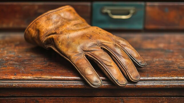 Aged leather work glove rests on a wooden surface