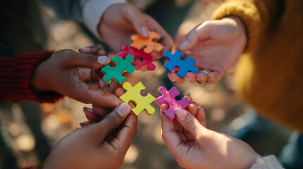 Diverse hands unite colorful puzzle pieces in symbol of connection and teamwork