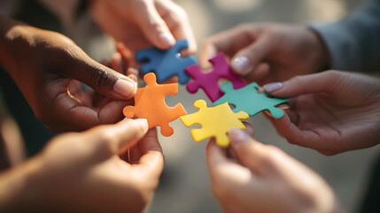 Diverse hands connect colorful puzzle pieces in a circle