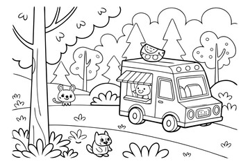 Naklejka premium Vector Cartoon funny Street Food Van, funny image in the forest, Coloring book page for children. Line Art isolated on white background
