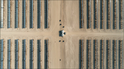 Obraz premium Desert Solar Farm: Overhead shot of a vast solar farm set within an arid desert landscape, a sustainable energy solution contrasted against the barren land.