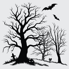 Spooky Halloween Forest Silhouette with Bare Trees, Bats, Cat, and Jack-o'-Lantern