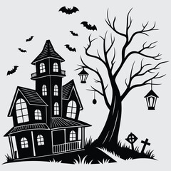 Haunted House Silhouette with Bats and Bare Tree for Halloween Design