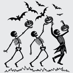 Silhouette of Dancing Skeletons with Jack-o'-Lanterns and Flying Bats for Halloween