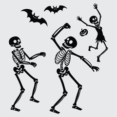Silhouette of Dancing Skeletons with Jack-o'-Lanterns and Flying Bats for Halloween