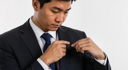 A focused Asian businessman in a dark suit adjusts his tie with a professional expression against a clean white background