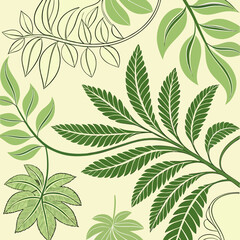 Illustration of various green leaves and branches on a light yellow background creating a floral pattern
