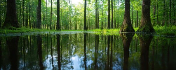 Forest reflection pond scene