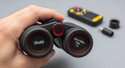 Hand holding black binoculars with digital display and accessories