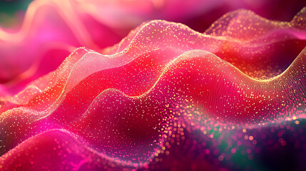 Obraz premium Abstract digital landscape of vibrant red and pink undulating waves, dotted with golden particles