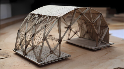 Paper tube structure with tensioned rope supports and open geometric roof