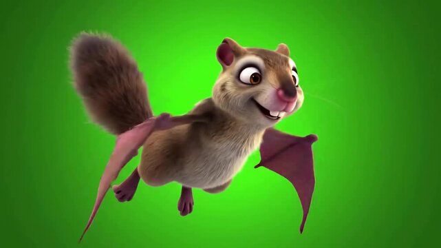 Animated flying squirrel character soaring joyfully against a vibrant green backdrop