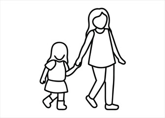 Artistic single line drawing depicting a mother and her daughter walking together in a heartwarming embrace perfect for family themes