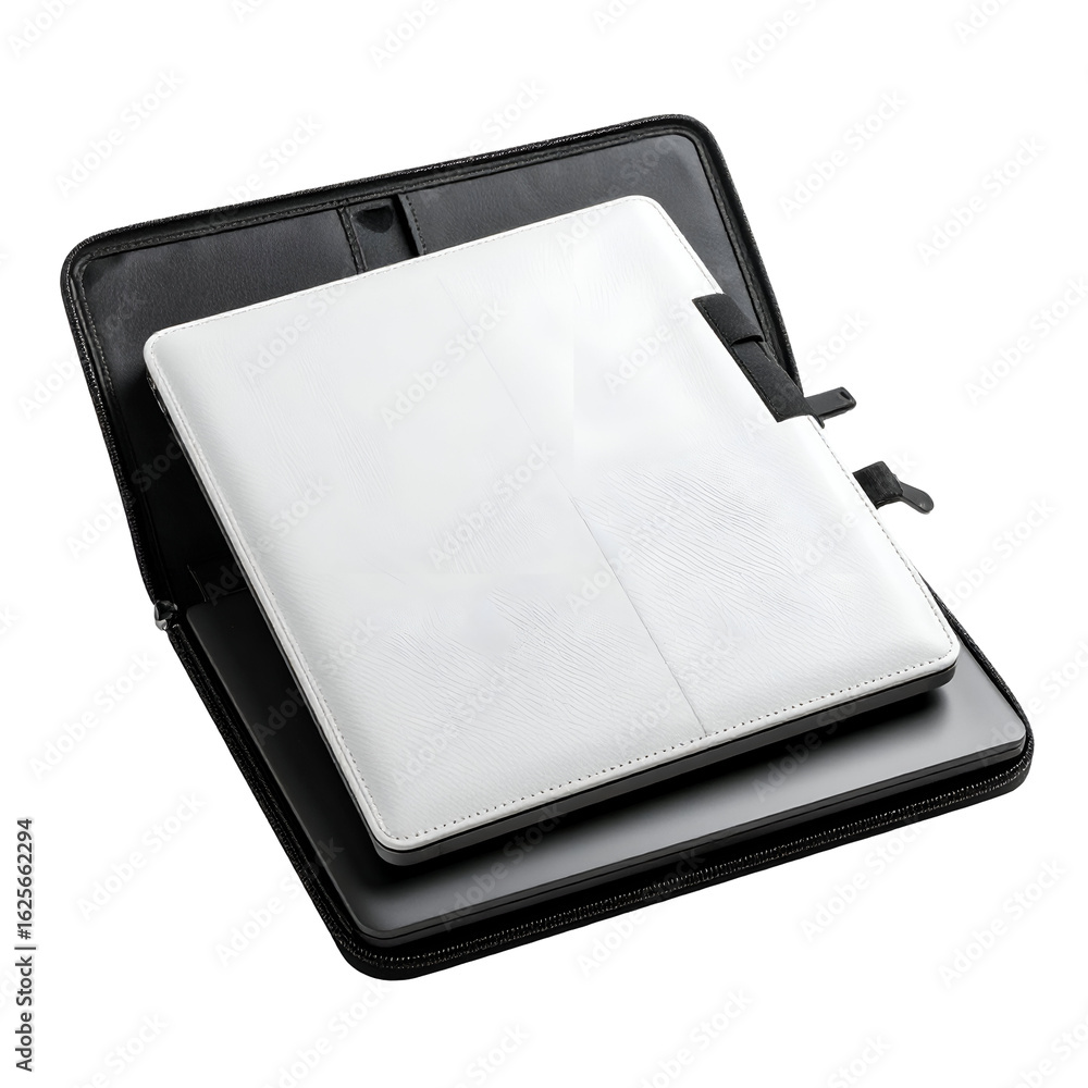 Poster high contrast grayscale image of a closed sleek modern portable computing device digital notebook fo