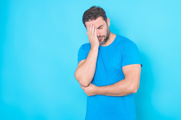 Head pain. Cephalalgia and migraine. Man with sinus headache, tension or cluster headache. Head...