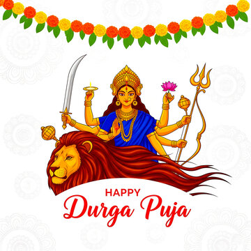 Vibrant illustration of goddess durga seated majestically on her lion vahana during the auspicious festival of durga puja