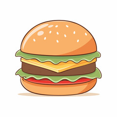 Cartoon Burger Illustration Featuring Cheese, Lettuce, Tomato, and a Seeded Bun on White Background