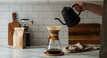 Coffee Ritual Pour Over Brewing with Chemex on Marble Countertop
