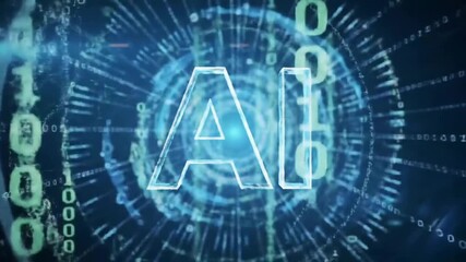 Futuristic representation of artificial intelligence with glowing digital elements and binary code - Powered by Adobe