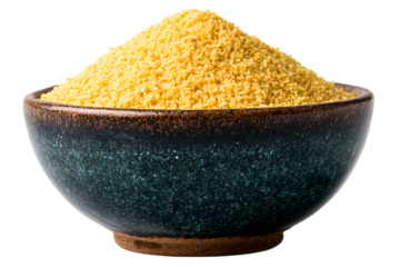 Coarse polenta grains in a rustic bowl.