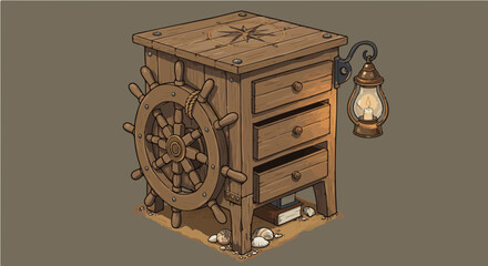Home furniture explore nautical themed wooden dresser with ship wheel and lantern for coastal home decor and storage solutions vector