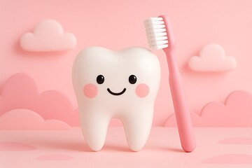 smiling cartoon tooth character with pink toothbrush in dreamlike pastel pink background, adorable dental care concept, childrens dental hygiene, dental care background