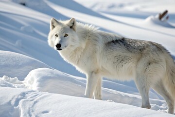 A lone white wolf standing in a snowy landscape on a bright day time