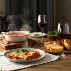 Realistic photo of classic Italian lasagna al forno with melted cheese and meat sauce