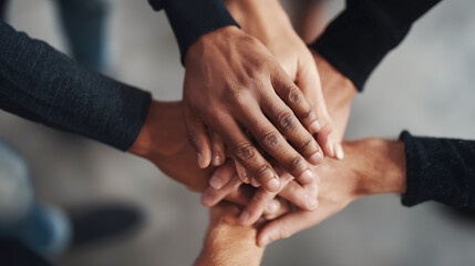 Diverse group of people stacking hands together in a sign of unity and teamwork