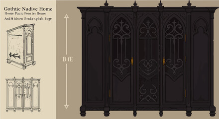 Home furniture gothic wardrobe furniture antique style dark wood storage cabinet vintage home decor interior design piece solid 100 vector
