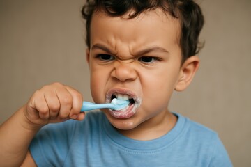 determined child brushing teeth with blue toothbrush, close up of child practicing dental hygiene, focused on brushing, healthy dental habits, dental care background