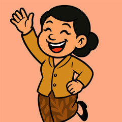 Cartoon woman in golden kebaya smiling brightly with one arm raised, radiating joy against a plain coral background.