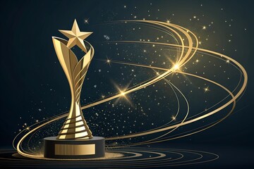 Celebrate achievement with this stunning golden trophy, symbolizing victory and excellence against a glamorous, star-filled backdrop