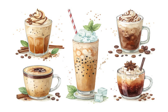 set of watercolor iced coffee latte vector illustration isolated on white background