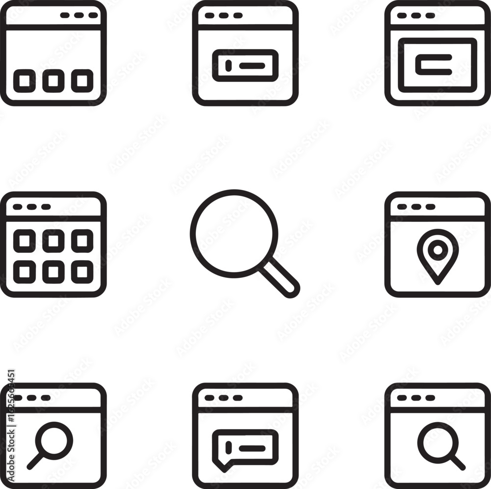 Poster collection of nine simple outline icons representing web browser windows and search tools in a clean