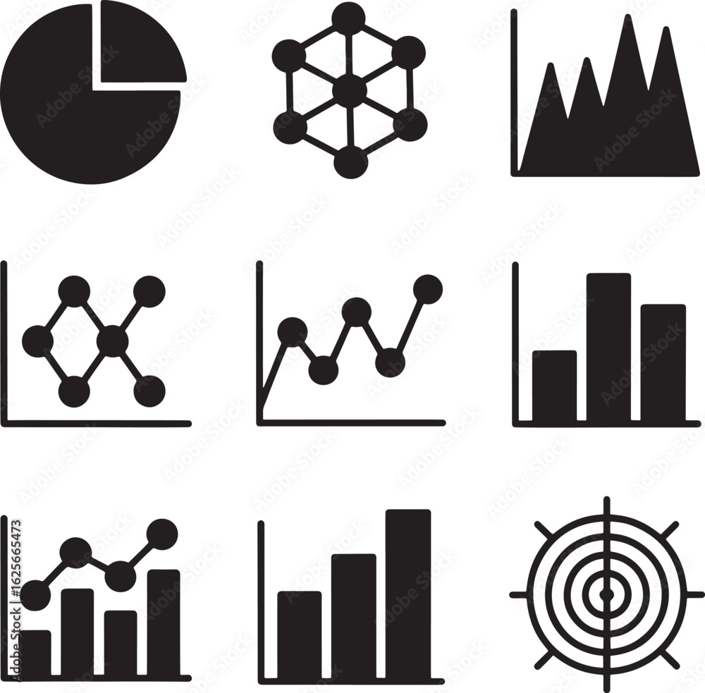 Poster collection of nine distinct black silhouette icons representing various data visualization charts an