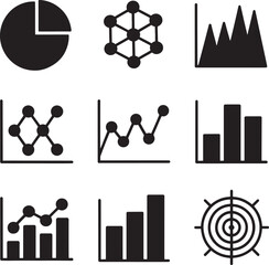 Fototapeta premium Collection of nine distinct black silhouette icons representing various data visualization charts and graphs for business analytics and reporting silhouette