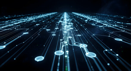 Abstract digital network illustration with glowing blue lines and nodes connecting in a complex, futuristic pattern against a dark background.