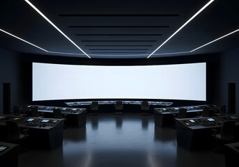 A control room with multiple workstations facing a large, curved, blank display screen under illuminated ceiling lights.