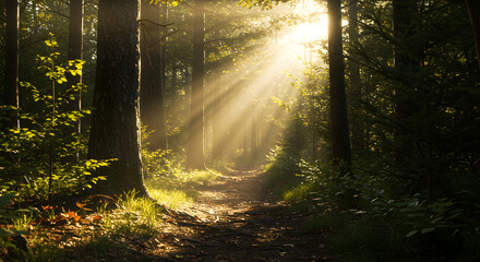 Obraz premium Sunlit Forest Path: Tranquil Woodland Scene with Radiant Sunlight Beams
