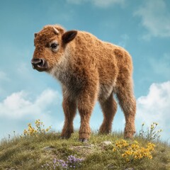 Fototapeta premium A young, reddish-brown bison calf stands on a grassy hilltop, amidst wildflowers. Sky is light blue with fluffy clouds. Animal is facing left, soft fur. Natural setting