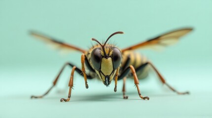 Fototapeta premium Close-up View of a Wasp with Yellow and Black Striped Body on Light Green Background