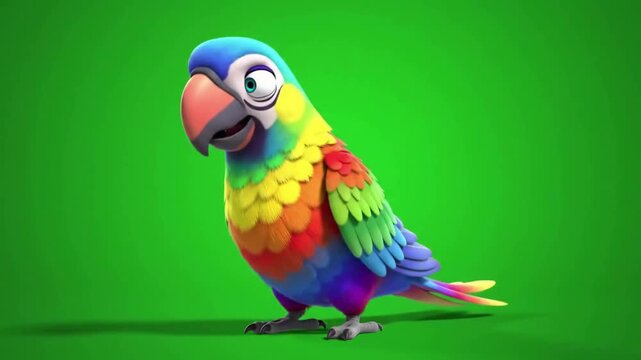 Colorful animated parrot character standing against a vibrant green background, exuding personality