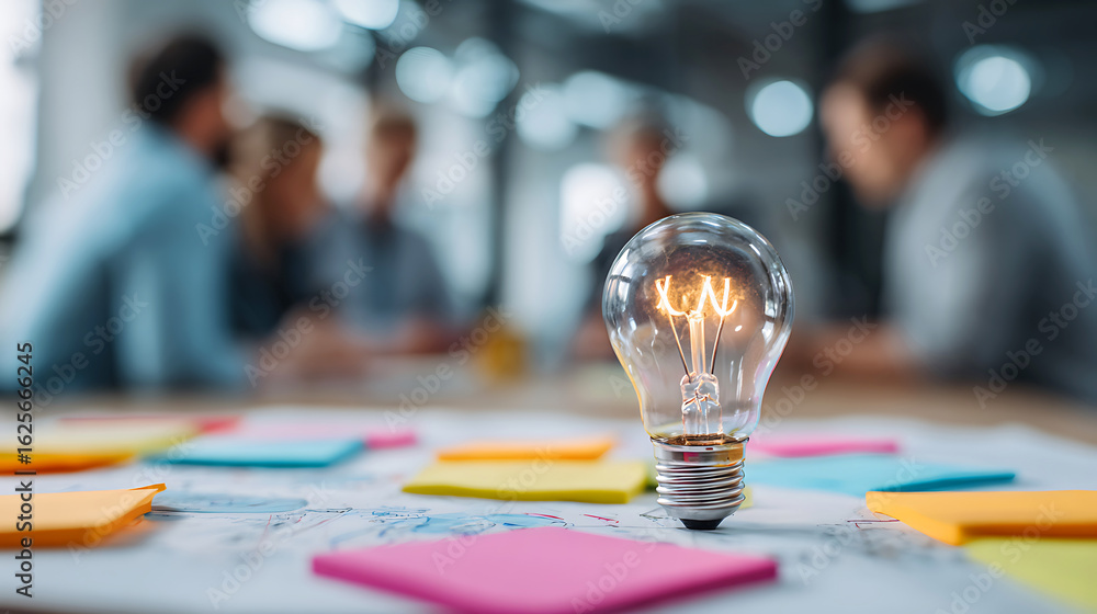 Poster bright idea lightbulb on table with sticky notes and blurred team meeting