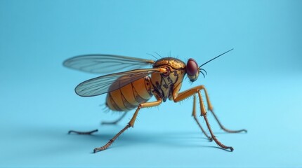 Fototapeta premium Close-up of a Detailed Flying Insect with Orange and Brown Body and Transparent Wings on Light Blue Background