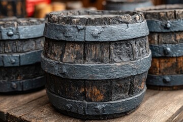 Close-up of weathered wooden barrels