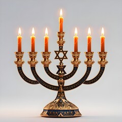 Jewish menorah candle holder with lit candles, symbolic Hanukkah item, isolated on transparent background, PNG clipart