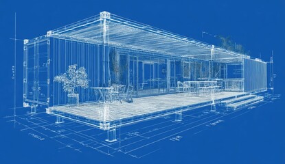 Blueprint sketch of a container home. Exterior and interior dimensions shown