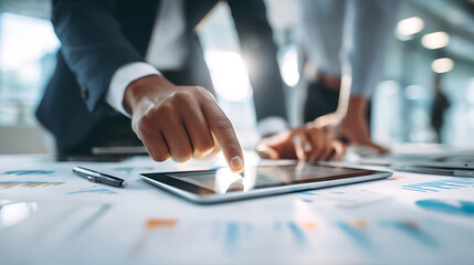 Business professionals collaborating and analyzing data on a tablet in a modern office