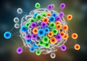 A complex biological cell or virus particle with numerous vibrant, colorful spheres attached to its surface.